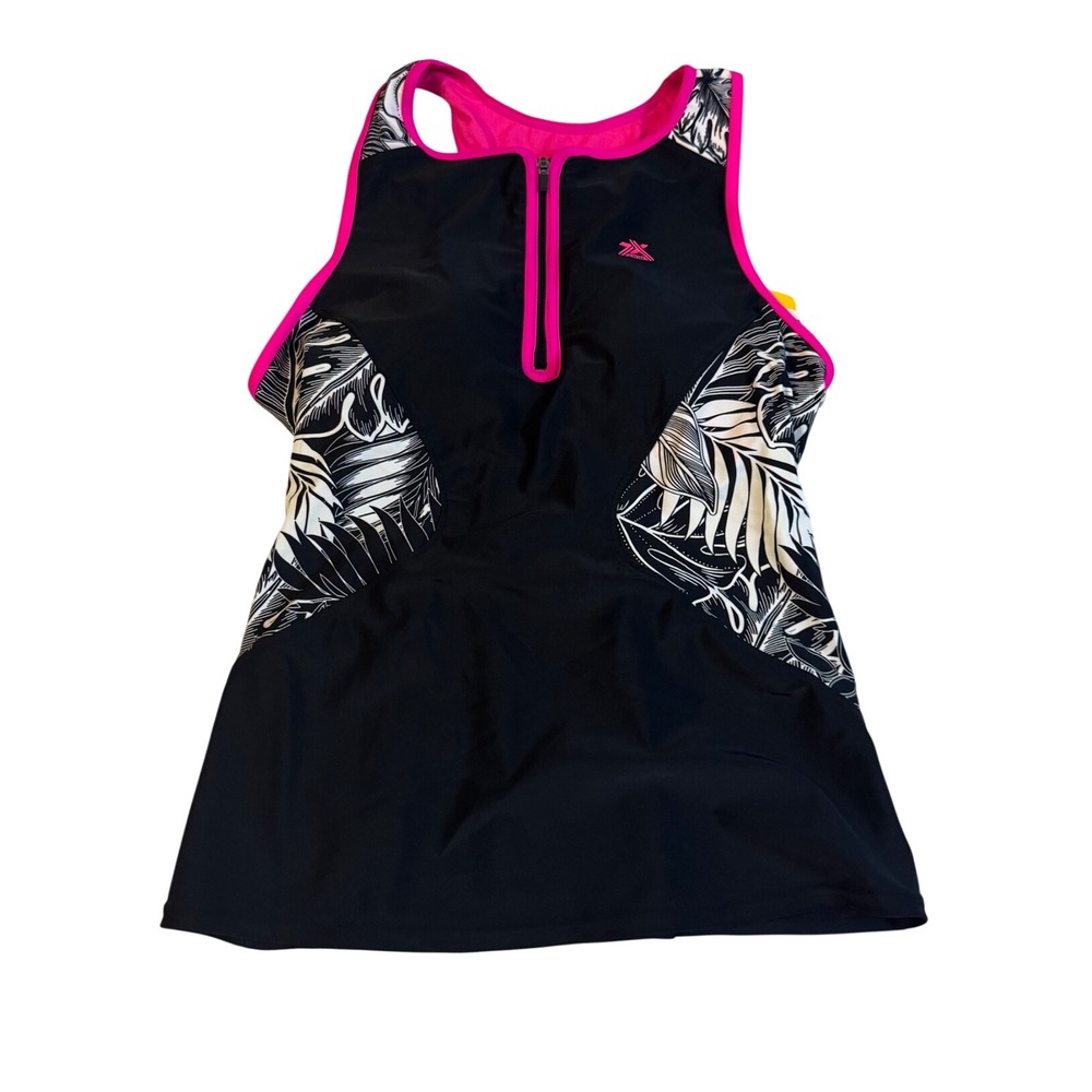 Swim Top ZeroXposur Women Tankini  Black Pink Tropical Zip Front Racerback M NEW